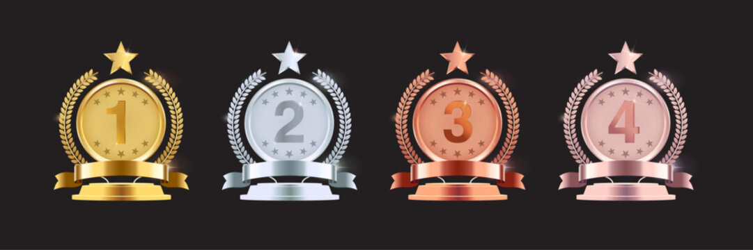 Gold, Silver, Bronze, and Rose Gold Medal Vectors: First, Second, Third Place Badges with Ribbons, Podium and Olive Branches. Vector.
