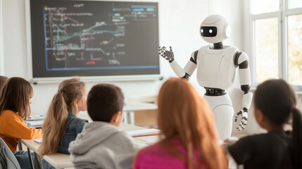 The Future of Education: A futuristic robot teacher stands before a classroom of attentive students, imparting knowledge and igniting curiosity in a world where technology meets learning. 