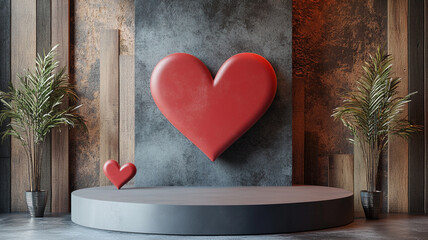 Red heart decorations on display with plants in a modern indoor setting
