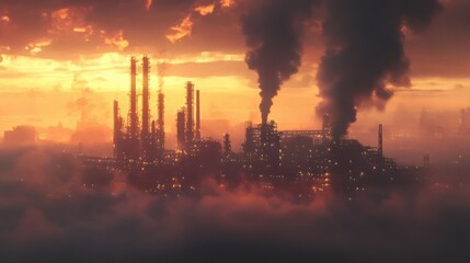 Obraz premium Oil refinery at dawn, covered in a soft layer of fog, with beams