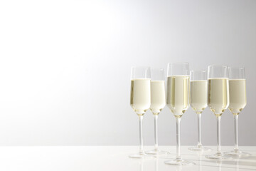 Glasses of champagne on a light background