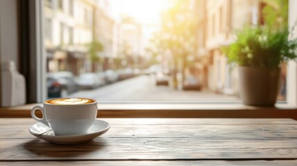 Fototapeta premium A cozy coffee cup sits on a wooden table, bathed in soft sunlight, with a city street view and greenery in the background.