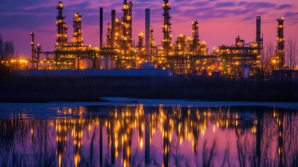 Naklejka premium Oil refinery at dusk with vibrant lights illuminating the machinery