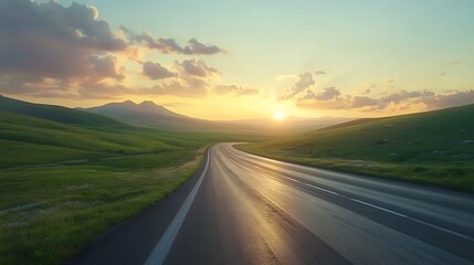 Fototapeta premium Road in the grassland at sunset Landscape with road and sky