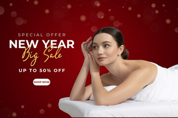 Design for big discounts for the new year, with a beautiful girl.