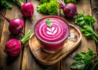A stunning Beetroot Latte rich in nutrients, featuring natural ingredients, elegantly presented through artistic double exposure photography, perfect for enhancing wellness and lifestyle imagery.
