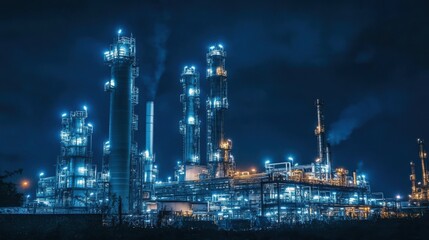 Oil refinery with bright lights illuminating towering structures