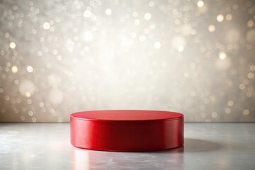 A red circle pedestal contrasts beautifully with a white plaster wall, elevating luxurious fashion presentations through stylish displays and contemporary aesthetics, perfect for high-end photography.