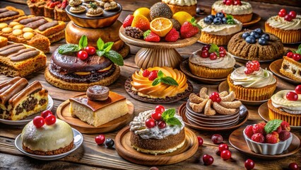 An elegant showcase of delightful pastries and desserts awaits, offering an array of cakes, tarts, and tempting sweets designed for pure indulgence and enjoyment.