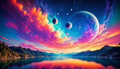 惑星、ファンタジー、カラフル、宇宙、幻想的、湖、反射、山、夕焼け、夜空、星、銀河、夢幻、自然、壮大