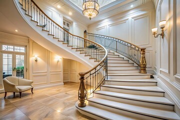 Obraz premium Stunning Classic Staircase with Creamy White Finish, Perfect for Real Estate Photography Showcasing Luxurious High-End Property Listings with Ample Natural Light and Space