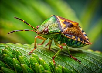 Stunning Close-Up of a Juniper Shieldbug (Cyphostethus tristriatus) on Green Leaf with Blurred Background, Ideal for Nature and Entomology Themes, Copy Space for Text