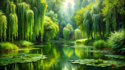 A Serene Pond Surrounded by Lush Greenery and Whispering Willow Trees, Reflecting the Sunlight in a Tranquil Tapestry of Green and Blue