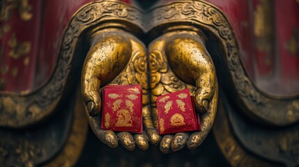Fototapeta premium Red angpao envelopes tucked into the hands of a golden deity