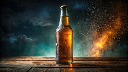 A cold craft beer sits on a wooden table, water droplets shimmering on the glass, creating a refreshing and inviting atmosphere in a dimly lit bar scene.