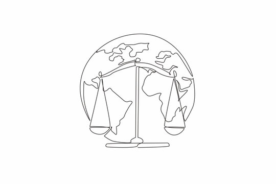 Single continuous line drawing a scales on the globe background. Global equilibrium. Equality. The pursuit of fairness worldwide. World Day of Social Justice. One line design vector illustration