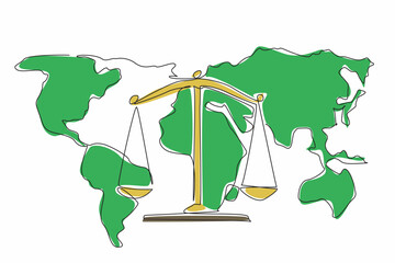 Single one line drawing scales on world map background. Justice and impartiality. Importance of global cooperation. Balance. World Day of Social Justice. Continuous line design graphic illustration