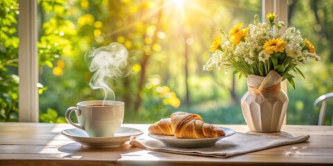 A steaming cup of coffee and croissants on a wooden table with a vase of flowers and a view of nature through a window