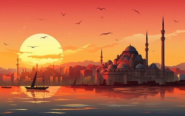 Fototapeta premium A serene sunset over a cityscape featuring a grand mosque and boats on the water.