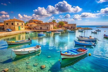 Fototapeta premium Stunning Marzamemi Landscape in Sicily: A Serene View of the Crystal Blue Sea, Colorful Fishing Boats, and Charming Coastal Architecture Capturing the Essence of Mediterranean Beauty