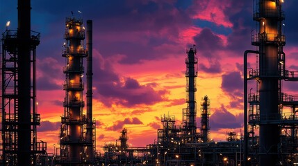 Refinery pipes and towers silhouetted against a dramatic evening sky,