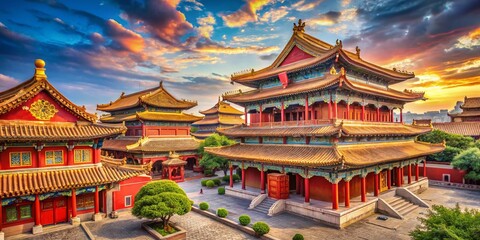 Fototapeta premium Stunning Portrait Photography of Yonghe Temple, the Majestic Lama Temple in China, Showcasing Vibrant Architecture, Intricate Details, and Serene Atmosphere for Cultural Exploration