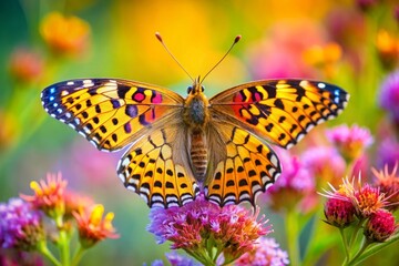 Obraz premium a butterfly with yellow and black spots is sitting on a flower