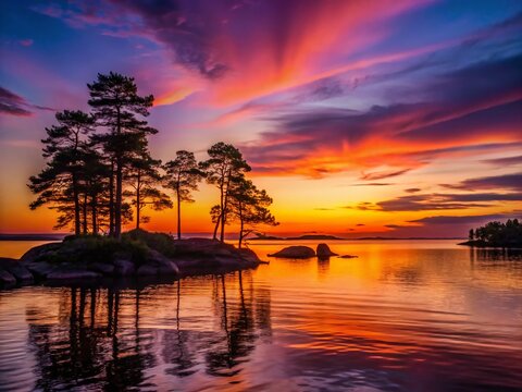 Stunning Silhouette Photography of Sandhamn's Serene Beaches at Sunset with Calm Waters and Distant Islands, Capturing Nature's Beauty in a Tranquil Scene