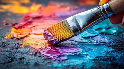 Fototapeta premium A paintbrush with yellow bristles dipped in colorful paint.