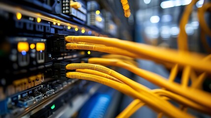 Close-up of network cables connected to a server, illustrating data connectivity and technology infrastructure.