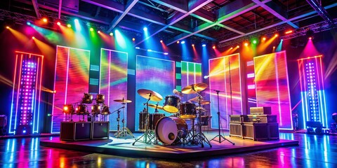 Fototapeta premium Stunning Vibrant Stage Setup Featuring Colorful LED Light Bars and Drum Kit, Perfect for Showcasing Concerts and Live Performances in a Tech-Savvy Environment