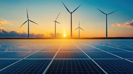 Solar panels aligned perfectly in rows, catching the golden