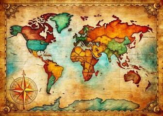 Naklejka premium Stunning World Map Card Design Emphasizing the Rule of Thirds with Vivid Colors and Intricate Details for Educational and Decorative Use