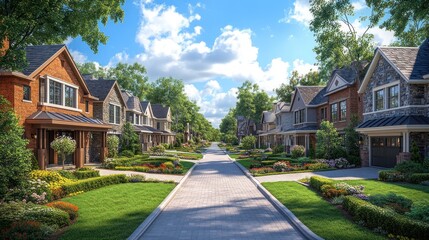Charming suburban street lined with houses and lush greenery.
