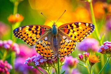 Obraz premium a butterfly with yellow and black spots is sitting on a flower