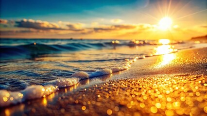 Obraz premium Sunlit Coastal Scene Featuring Textured Beach Sand with Soft Wave Patterns and Bokeh Effect on a Bright Sunny Day Capturing the Essence of a Relaxing Seaside Escape