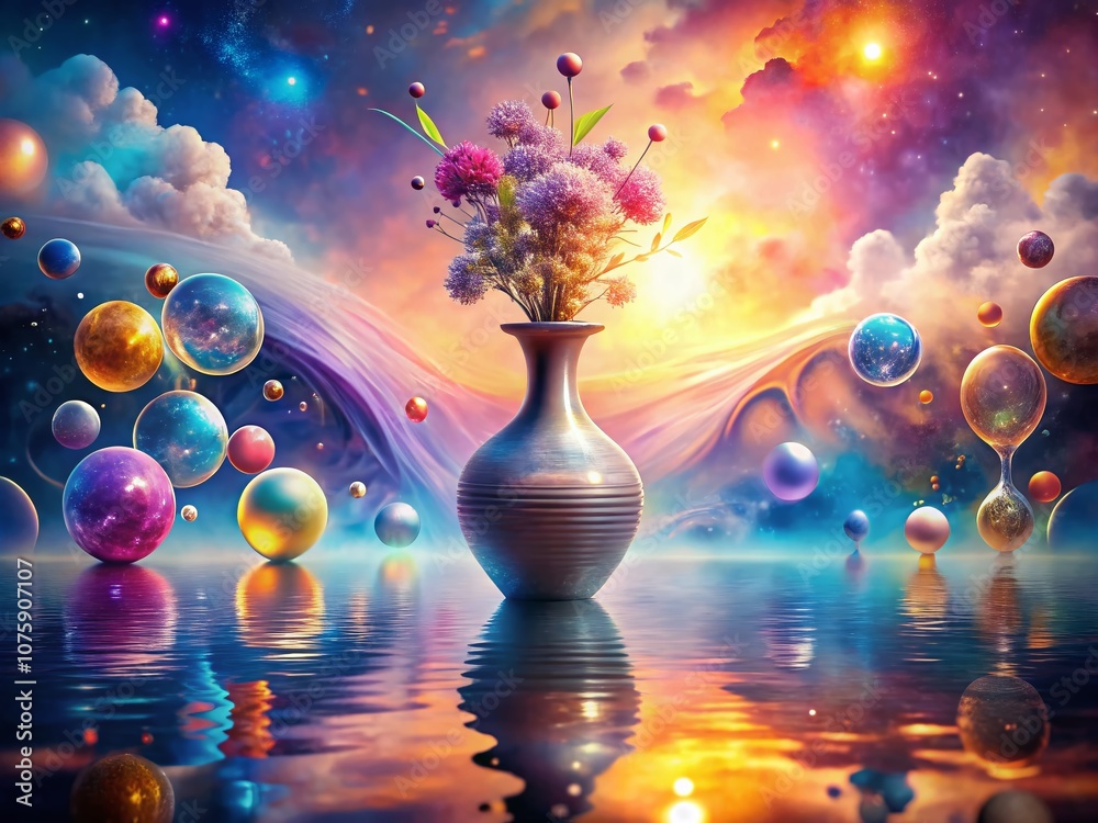 Poster Surreal Abstract Vase Surrounded by Dreamlike Elements in an Ethereal Landscape with Vivid Colors and Fluid Forms Creating a Captivating Visual Experience