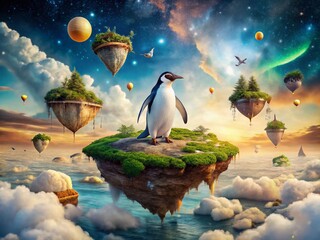 Surreal Aerial Photography of a Dreamlike Penguin in a Fantastical Landscape, Blending Reality with Imagination and Nature's Wonders, Capturing the Essence of Whimsy and Surrealism