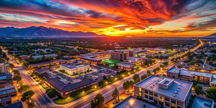 Surreal Aerial Sunset Over the Industrial Heart of Downtown Rancho Cucamonga, California, Showcasing Vibrant Colors and Unique Urban Landscape in a Dreamlike Atmosphere