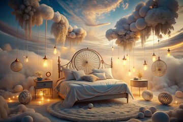 Surreal Bedroom with Dreamlike Bed Surrounded by Floating Clouds and Whimsical Elements, Creating an Ethereal Atmosphere for a Unique Home Decor Inspiration