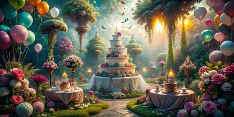 Surreal Birthday Cake Wedding Celebration with Dreamlike Elements and Whimsical Decorations in an Enchanted Garden Setting, Blending Fantasy and Reality for a Unique Experience