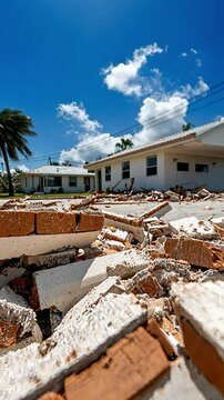 A scene of destruction with debris scattered around a damaged building under a blue sky.