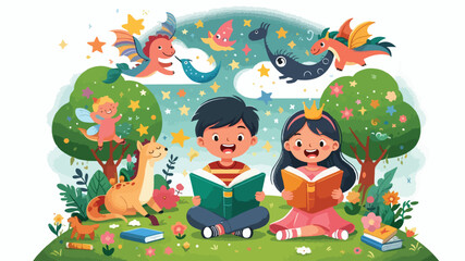Naklejka premium A boy and girl are reading a book in the park with happy faces, surrounded by imaginary elements from book stories, such as fairies, dragons and stars.