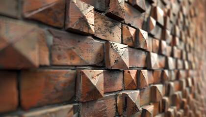 Close-up of a textured wall featuring angular, metallic tiles in shades of copper and bronze, creating an industrial aesthetic.
