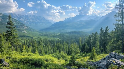 Fototapeta premium A panoramic view of a lush green valley surrounded by majestic mountains under a bright blue sky with fluffy white clouds.