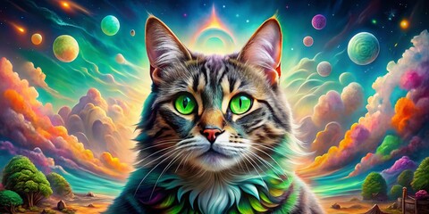 Surreal Portrait of a Feline with Distinctive Green Eyes in a Dreamlike Landscape Surrounded by Floating Elements and Vivid Colors