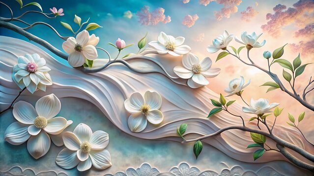Surreal Representation of a White Bas Relief Featuring a Flowering Dogwood Branch in an Ethereal Landscape with Dreamlike Elements and Soft Pastel Colors