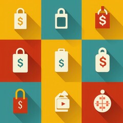 Colorful Financial Icons on Geometric Background Reflecting Price Evaluations, Market Trends, and Chart Analytics - Ideal for Business and Finance Themes