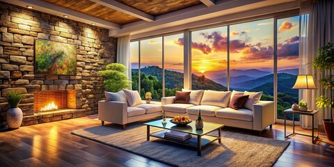 Fototapeta premium Surreal Stylish Living Room with Cozy White Sofa, Stone Wall Accents, Inviting Lighting, and Expansive Window Views to Create a Dreamy Interior Atmosphere