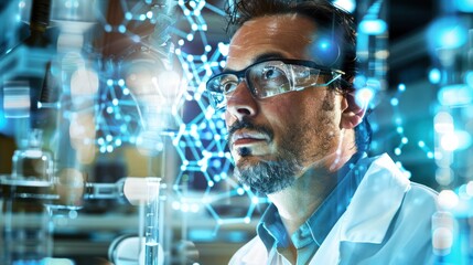 Scientist in Lab with Blue Network